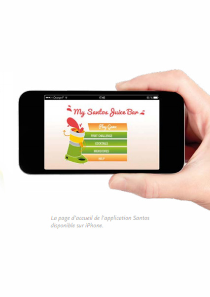 Santos a imaginé une appli mobile sur iPhone baptisée « My Santos Juice Bar ». L’architecture et la composition sonore ont été réalisées en collaboration étroite avec Apidev chargée du développement du programme.